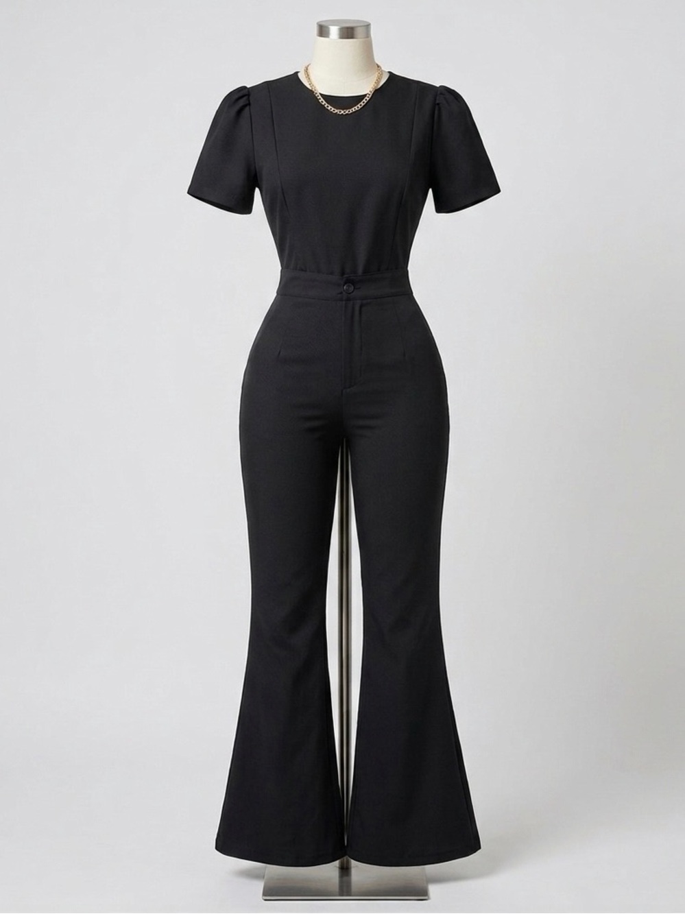 Elegant Black Short-Sleeve Fitted set 2 pieces with Flared Legs